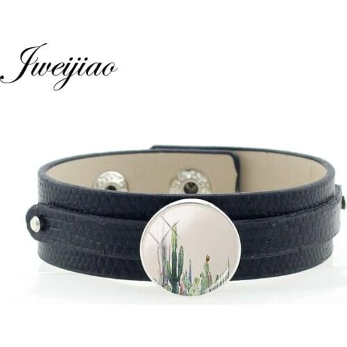 JWEIJIAO Desert Plant Cactus Blossom Picture Glass Black Leather Bangles For Women Charm Snap Button Bracelet Accessories CA85