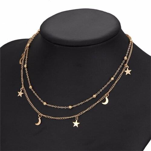 New fashion jewelry 2 layer star moon choker necklace chain neck gift for women girl Clavicle Necklaces Pendant Gift