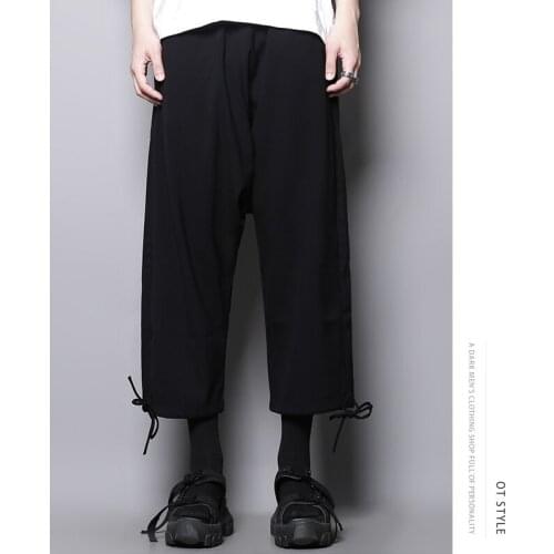 Japanese simple foot drawstring lace up loose Harlan Capris mens fashion casual pants straight tube wide leg pants octuples