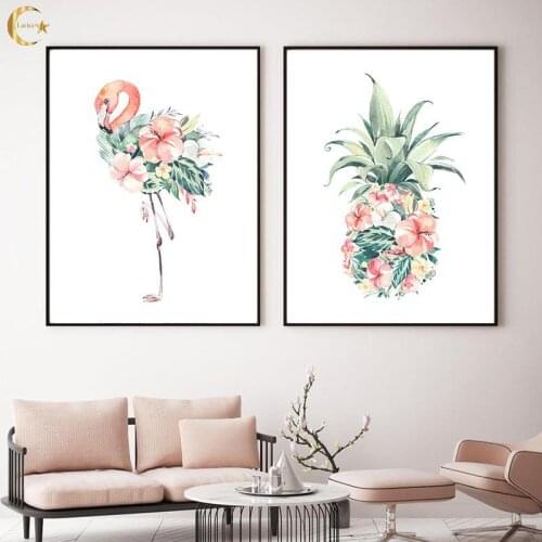 Canvas Painting Pink Flamingo Pineapple Flowers Poster Abstract Watercolor Wall Art Print Nordic Kitchen Picture for Home Decor