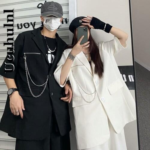 Ucuhulnl Two Piece Set Zipper Chain Blazer Suit Loose Jacket Coat Outfit Straight Knee Short Pant Woman Man Streetwear Harajuku