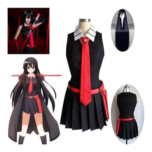 Akame ga KILL Akame Cosplay Black Sleeveless Dress Uniform Outfit Anime Cosplay Halloween Costumes and Wig Glove Party Gift New