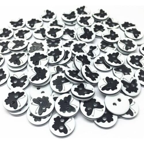 100pcs Black+White Round Resin Butterfly Buttons 12mm 2 Holes Sewing Button Garment Accessory Embellishments Cardmaking