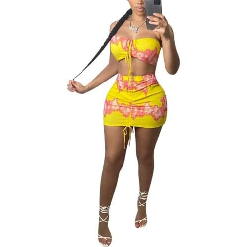 Summer Sexy Women Two Pieces Suit Tie Dyed Lace-up Bra Tube Tops Bodycon Mini Skirts Strapless Dress Elegant Party Vestidos 2021