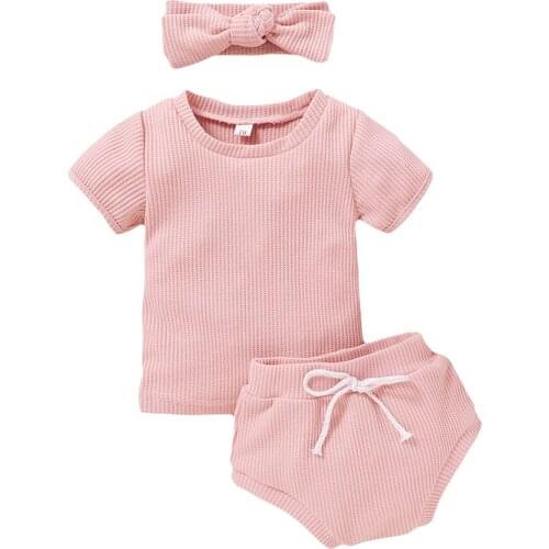 Summer Casual Set Citgeett Solid Baby Girl Newborn Infant Knitted Outfit Cotton T-Shirt Shorts Headband 0 Months-3 Years Sweet