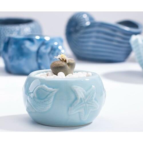 European Style Cute Fleshy Flowerpot Pocelain Blue Fish Flower Vase Home Garden Mini Bonsai Cactus Flower Pot For Home Decor