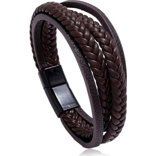 New Multilayer Handmade Woven Brown Black Leather Men Bracelets & Bangles Women Magnet Clasp Casual Gift Jewelry Freely Shipping