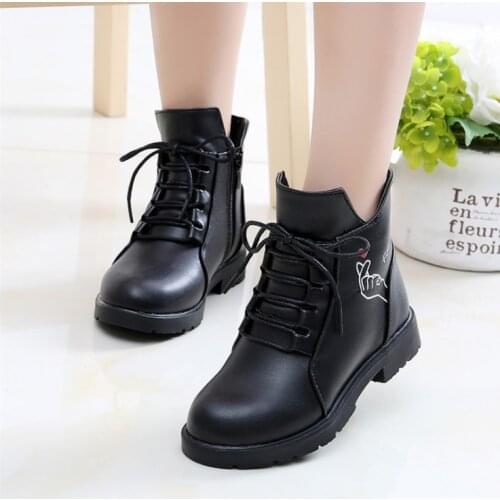 NEW 2021 Girls Leather Boots Student Princess Warm Winter Plush Ankle Boots Waterproof Older Children Snow Boots Kids Sneakers