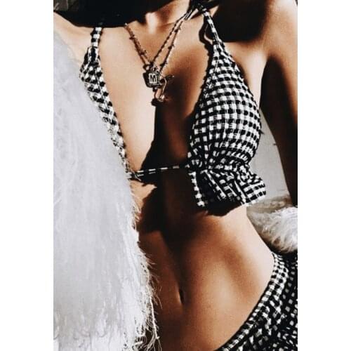 New European And American Swimsuit Black And White Plaid Bikini