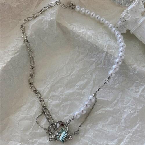 Geometric Mint Green Little Pearl Pendant Necklace Contracted Hip-Hop Collarbone Chain Asymmetric Multilayer Women Necklace