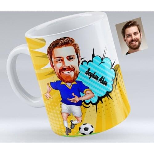 Personalized Yellow Navy Blue Football Player Caricature Of White Mug cup-2 Surprise Thoughtful Ancients Custom Design Picture reliable