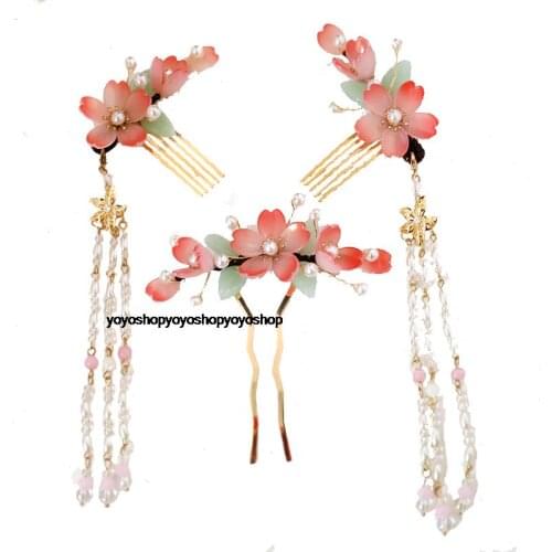 Luxury handmade Chinese retro peach flowers hair crown suit Martial arts fairy headdress Pearl shell hairpin clip