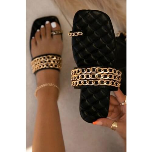 Summer Womens Flat Sandals Fashion Solid Color Chain Womens Shoes Square Toe Design Outdoor Beach Slippers Plus Size