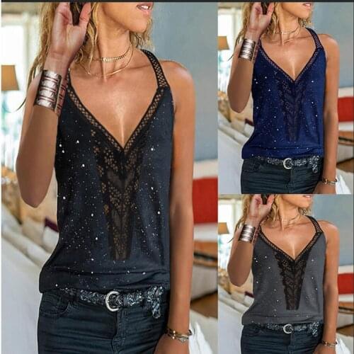 Summer Sexy Womens V Neck Bling Casual Black Sleeveless Vest Sling T Shirt Loose Plus Size Patchwork Fashion Shirt Halter Tops