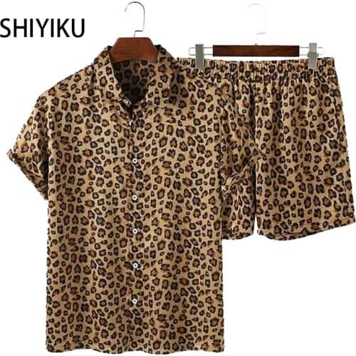SHIYIKU BrandSummer Fashion Casual Street Style Leopard Print Lapel Short-Sleeved Shirt Beach Pants Hawaiian Mens Suit 2 Pieces