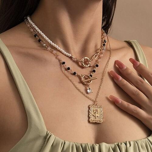 Vintage Multilayer Pearls Crystal Beads Flower Pendant Necklaces Women Punk Grunge Geometric Chains Colar Jewelry Necklace Gift