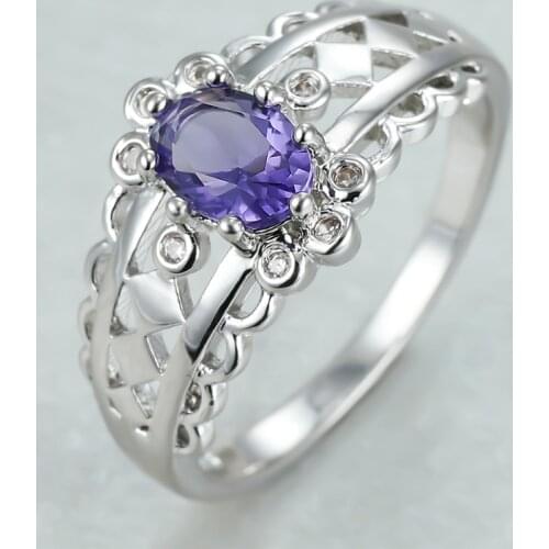 Vintage Female Purple Crystal Stone Ring Charm Silver Color Thin Engagement Ring Cute Bridal Oval Zircon Wedding Rings For Women