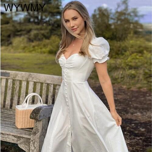 WYWMY Women Puff Sleeve A-line Party Midi Dress White High Split Sexy Dresses Women 2021 Summer New High Street Dress Plus Size