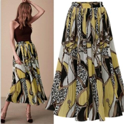 Spring and Summer Womens European and American Style Floral Chiffon Fold Mid-Length Print Large Swing Skirt