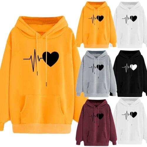 Womens Long Sleeve Hoodie, Casual Electrocardiogram Heart Print Pullover Blouse winter clothes women goth clothes streetwear