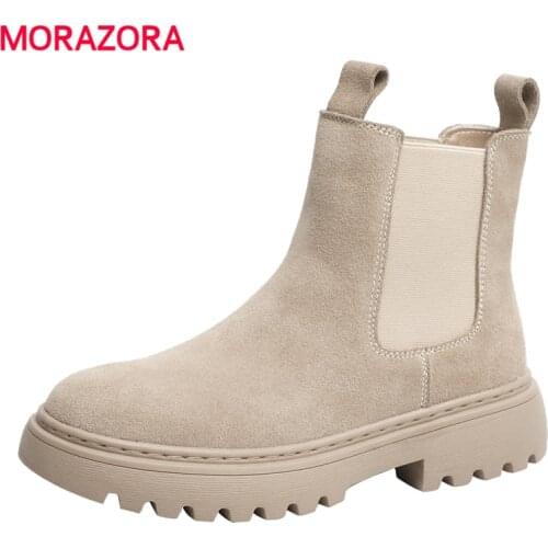 MORAZORA Fashion Cow Suede Leather Ankle Boots Sqaure Heels Chelsea Boots Comfortable Ladies Autumn Winter Shoes
