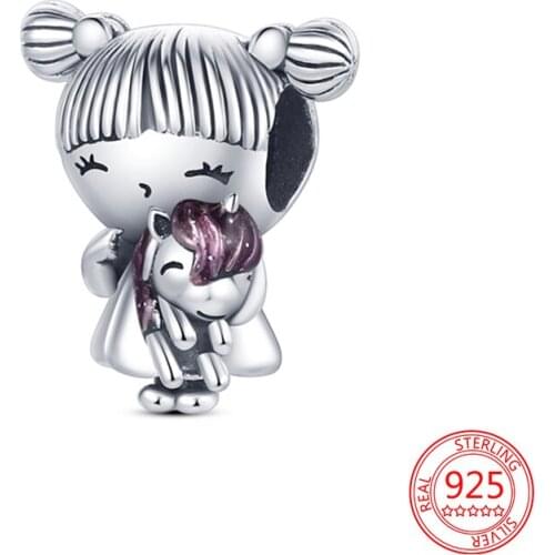 New 925 Sterling Silver Cute Pink Unicorn Little Girl Charms DIY Fashion Jewelry Fit Original Pandora Bracelet for Women Gift