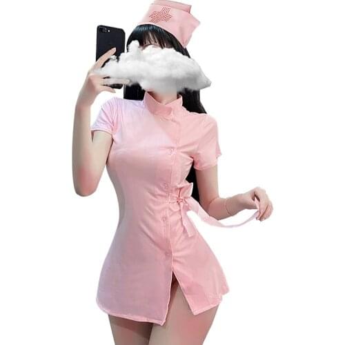 Womens Pink Nurse Costume Hospital Service Sexy Uniform Short Sleeve Front Wrap Tied Waist Bodycon Mini Dress Lingerie Nighties