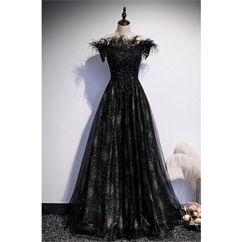Luxury black glitter feather beading royal queen long dress medieval Renaissance Victoria ball gown