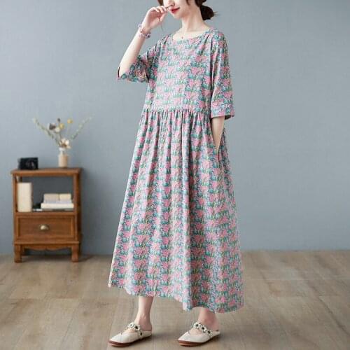 2021 New Arrival Print Floral Cotton Linen Loose Summer Dress Draw String Slim Office Lady OL Work Dress Women Casual Long Dress