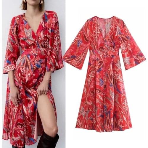 Za 2021 Print Red Dress Woman Vintage Summer Long Dresses Women Fashion Button Up Midi Dress Elegant Dresses For Women