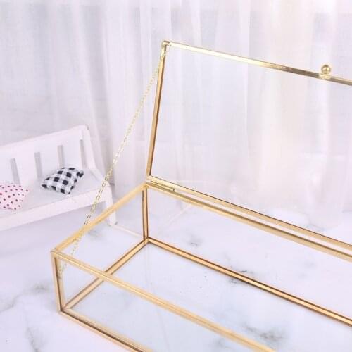 Golden Vintage Glass Lidded Box Edge Bracelet Keepsake Decorative Jewelry Display Personalized Large Clear Rectangle Box Rings