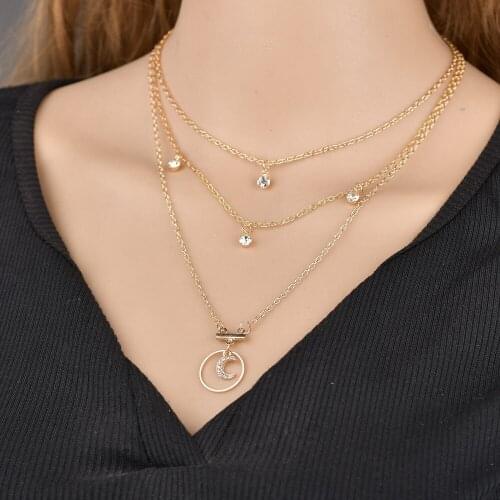 1PC 3-layer necklace Vintage adjustable multi-layer alloy round moon necklace pendant