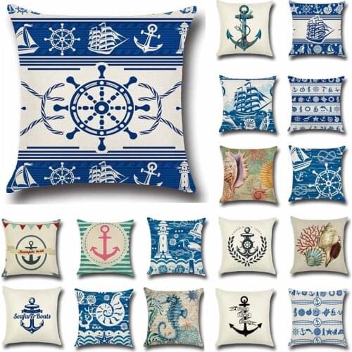 1Pcs Anchor Boat Sea Series Nautical Blue Cotton Linen Throw Pillow Cushion Cover Home Decoration Sofa Decor Pillowcase 40212