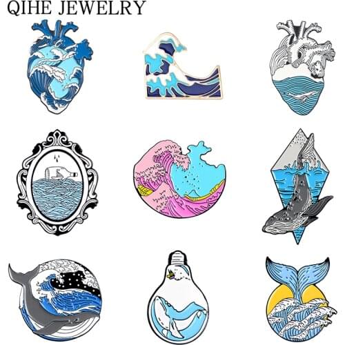Wave Pins Ocean Sea Wave Brooches Organ Heart Light bulb Whale Sun Creative Badges Blue Wave enamel pin collection