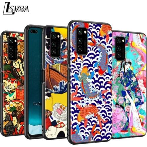 Japanese style Art Japan Black Cover For Huawei P40 P30 P20 P10 P9 P8 Lite E 5G 2017 2019 Pro Plus Phone Case