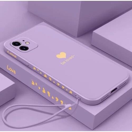 Side Pattern Love Heart Square Case With Lanyard For iPhone 13 12 11 Pro Max XS Max XR X 7 8 Plus Camera Protection Soft Cover