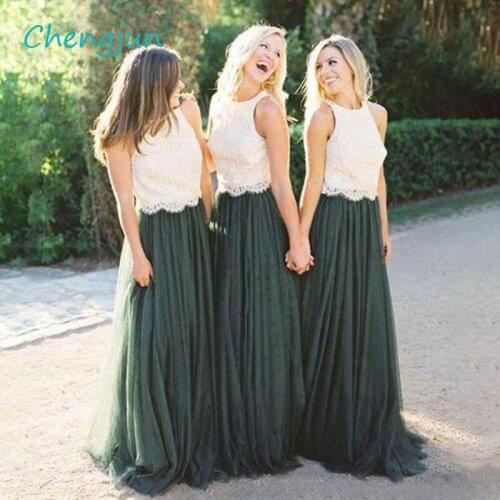 Chengjun O Neck Lace Tops Green Tulle Bridesmaid Dress