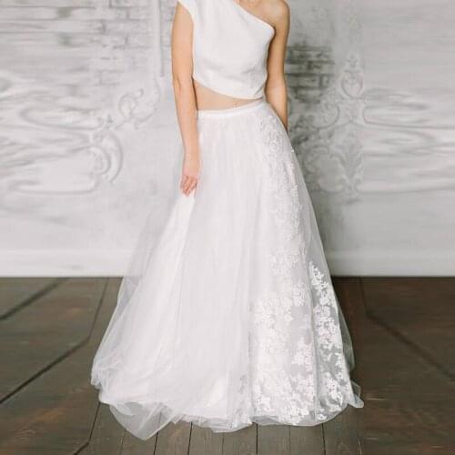 Graceful White Long Tulle Skirt High Waist Full Length Bridal Wedding Skirt with Lace Appliques Custom Made Any Size Color