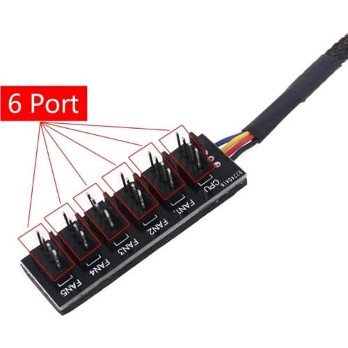 H05A PWM Fan Hub PC Fan Splitter 6 Way Sleeved Power Supply Cable Adapter Internal Motherboard Fan Power Extension Cable Cord