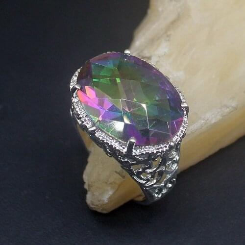 Hermosa Rainbow Mystical Topaz Genuine 925 Silver Unique Band Ring Wedding Engagement Gifts for Women Size 8.5# 20214029