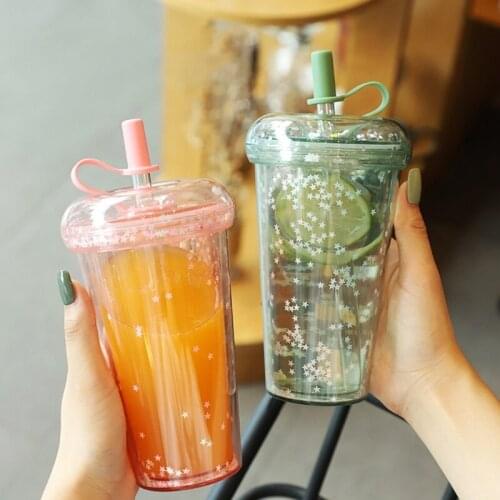 420ml Reusable Sparkling Glitter Cup with Lid Straw Transparent Sequins Water Bottle Cute Plastic Double Layer Drink Mug