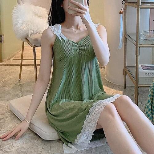 2021 New Summer Sexy Lace Lingerie Spaghetti Strap Nightgowns For Women Korean Sleepwear Nightdress Night Gown Home Dress Nighty