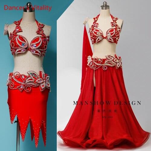Professional Custom Belly Dance Costume Ladies Luxury Diamond Bra + Belt +Short Skirt+Long Skirt 4pcs Competition Suit