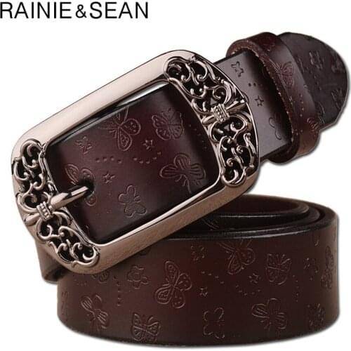 RAINIE SEAN Leather Embossed Belts Women Pin Buckle Belt Butterflly Carved Coffee Genuine Cow Leather Female Trouser Belt Strap