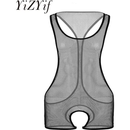 Sexy Gay Men Underwear Sheer Fishnet Bodysuit One-Piece See Through Sleeveless Scoop Neck Crotchless Jumpsuit Lingerie Nightwear