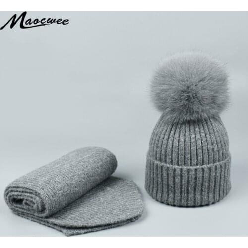 Autumn Winter Parent-child Hat Scarf Set Nature Fox Fur Pompom Beanies Hats For Women Men Unisex Warm Wool Knitting Caps Bones