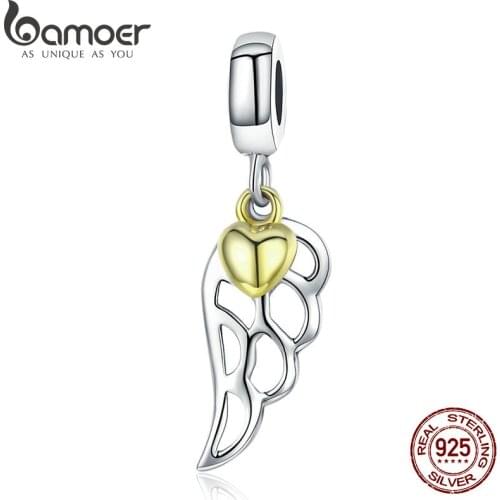 BAMOER 925 Sterling Silver Fashion Feathers Wings Pendant Gold Color Heart Charm fit Charm Bracelet & Necklace Jewelry SCC838