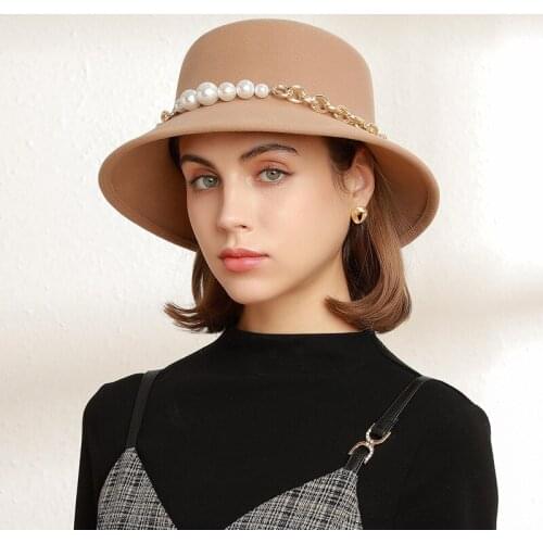 Elegant Lady Pearl Embellishment Woolen Bucket Hat for Women Winter Keep Warm Bob Panama Hat Girl Casual Travel Fisherman Cap