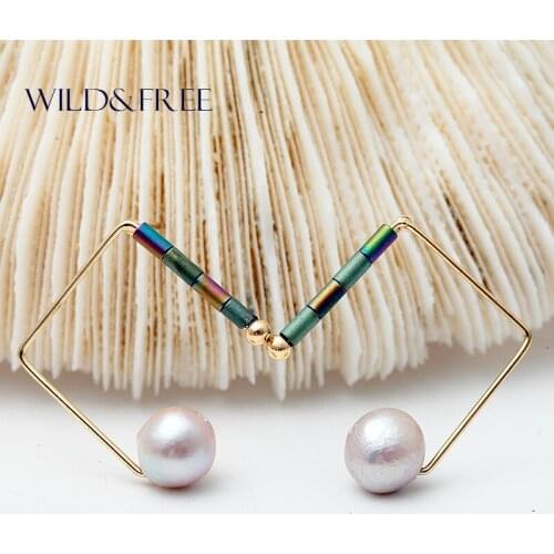 WILD & FREE Pearl Geometric Earrings Delicate Gold Color Colorful Stone Tube Cube Stud Earrings for Women Brincos Jewelry Gift