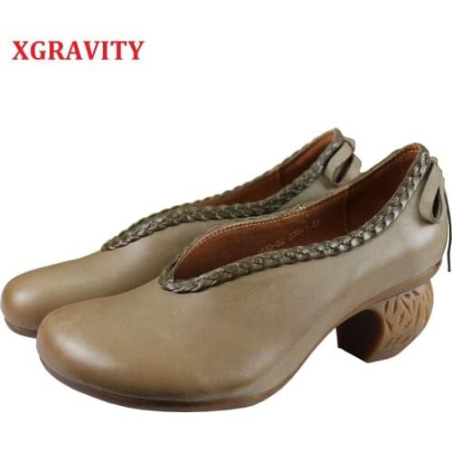 XGRAVITY 2020 Spring Abnormal Heel Chunky Heel Shoes Elegant Cow Genuine Leather Women Shoes ROund Toe Vintage Ladies Shoes A228